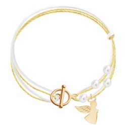 Bransoletka z aniołkiem i z perłami na złotym i białym sznurku. Żółte bransoletki Lilou, z perłą, ze stali. Za 241.00 zł.