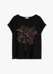 Bawełniana koszulka z ozdobnymi ćwiekami. Brązowe bluzki bonprix, z aplikacjami, z bawełny, eleganckie, bez kołnierzyka, bez ramiączek. Za 32.99 zł.