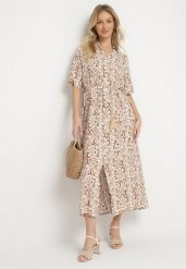 Ciemnobeżowa Sukienka z Wiskozy o Pudełkowym Kroju w Ornamentalny Wzór Ridisa. Brązowe sukienki Born2be, na co dzień, l, bez wzorów, z wiskozy, eleganckie, bez kołnierzyka, bez ramiączek, maxi, kopertowe. Za 74.99 zł.
