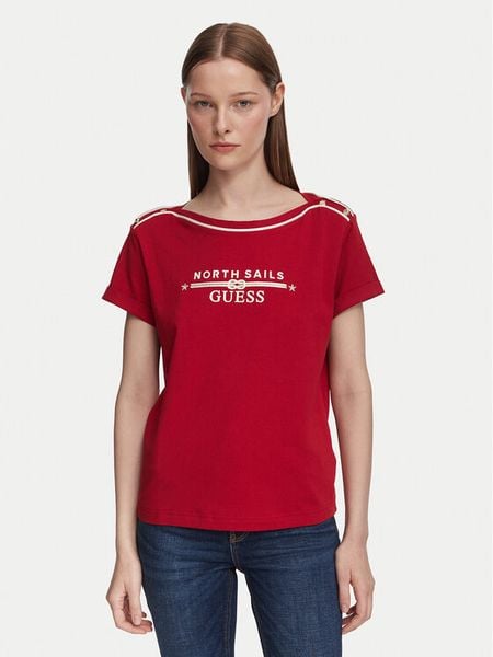 Guess T-Shirt W6YI58 K5317 Czerwony ciemny Regular Fit. Czerwone t-shirty Guess, xs, z aplikacjami, z bawełny, bez kołnierzyka, bez ramiączek. Za 222.99 zł.