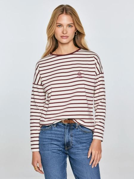 Bluzka damska w paski beżowo-bordowe Alerra 604. Czerwone bluzki Big Star, l, bez wzorów, z dzianiny, klasyczne, bez kołnierzyka, bez ramiączek. W wyprzedaży za 39.99 zł.