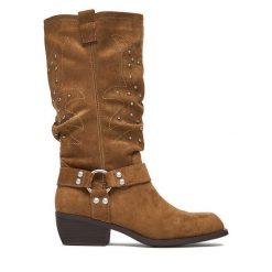 Kowbojki JENNY. Brązowe kozaki Jenny, bez obcasa, na słupku, bez zapięcia. Za 249.99 zł.