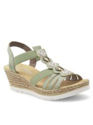 Rieker Sandały 619B2-52 Zielony. Zielone sandały Rieker, bez wzorów, z syntetyku, bez obcasa, na koturnie, bez zapięcia. Za 259.99 zł.
