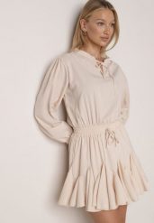 Beżowa Rozkloszowana Sukienka z Wiskozą Zdobiona Falbanami i Wiązaniem Lerienatia. Brązowe sukienki Born2be, na co dzień, m, z aplikacjami, z wiskozy, eleganckie, bez kołnierzyka, bez ramiączek, mini, rozkloszowane. Za 109.99 zł.