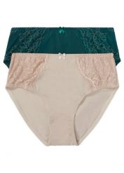 Figi z wysokim stanem z delikatną koronką (2 pary). Zielone figi bonprix, bez wzorów, z koronki. Za 64.99 zł.