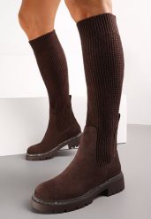 Brązowe Kozaki w Cyrkonie z Elastyczną Cholewką przed Kolano Jeanlli. Brązowe kozaki Renee, z wełny, przed kolano, bez obcasa, na obcasie, bez zapięcia. Za 149.99 zł.