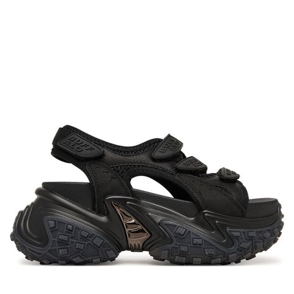 Sandały Buffalo. Czarne sandały Buffalo, bez wzorów, bez obcasa, na płaskiej podeszwie, bez zapięcia. Za 429.99 zł.