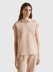 Benetton Bluzka w kolorze beżowym rozmiar: XXL. Brązowe bluzki Benetton, xxl, bez wzorów, ze lnu, bez kołnierzyka, bez ramiączek. Za 114.98 zł.