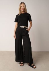 Czarne Spodnie z Wiskozą o Szerokim Kroju z Wysokim Stanem i Paskiem Larailure. Czarne spodnie materiałowe Born2be, do pracy, l, bez wzorów, z jeansu, z podwyższonym stanem, długie. Za 129.99 zł.