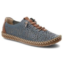 Półbuty damskie Rieker, ze skóry naturalnej z ażurową cholewką i elastyczną lekką podeszwą, niebieskie, M2856-12. Niebieskie sukienki Rieker, m, w ażurowe wzory, ze skóry, bez kołnierzyka, bez ramiączek. Za 329.00 zł.