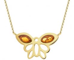 Naszyjnik srebrny z bursztynem - motyl. Szare naszyjniki Apart, z bursztynem, pozłacane. Za 369.00 zł.
