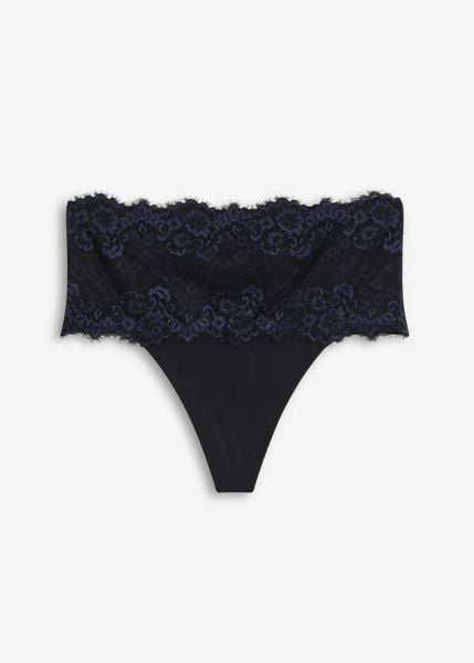 Stringi średnio modelujące z koronką. Czarne stringi bonprix, bez wzorów, z koronki. Za 79.99 zł.