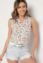 Biała Koszula Bez Rękawów w Kwiaty z Wiskozy Sarvina. Białe koszule Born2be, l, bez wzorów, z wiskozy, eleganckie, bez kołnierzyka, bez ramiączek. Za 39.99 zł.