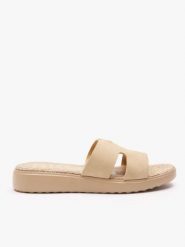 Piaskowe klapki H na grubszym spodzie. Brązowe klapki Ryłko, bez wzorów, ze skóry, bez obcasa, na płaskiej podeszwie. Za 249.99 zł.