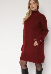 Bordowa Dzianinowa Sukienka z Półgolfem z Domieszką Wełny i Wiskozą Nesara. Czerwone sukienki Born2be, na co dzień, na zimę, uniwersalny, bez wzorów, z dzianiny, bez kołnierzyka, bez ramiączek, midi. Za 129.99 zł.