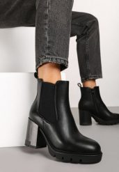 Czarne Botki Sztyblety na Słupku Ozdobione Elastyczną Wstawką Rearia. Czarne botki Renee, na jesień, bez wzorów, z jeansu, bez obcasa, na obcasie, bez zapięcia. Za 149.99 zł.