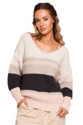 Kolorowy sweter w paski i z dekoltem w serek. Swetry MOE, m, bez wzorów, bez ramiączek. Za 239.00 zł.
