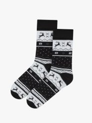 Biało-czarne skarpetki świąteczne unisex z reniferami. Czarne skarpety Ryłko, bez wzorów, z bawełny. Za 24.99 zł.