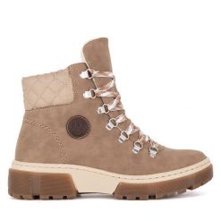 Botki Rieker. Brązowe botki Rieker, bez wzorów, bez obcasa, na płaskiej podeszwie, bez zapięcia. Za 258.99 zł.