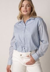 Niebieska Bawełniana Koszula Oversize w Pionowe Paski z Gumką Kycer. Niebieskie koszule Born2be, l, bez wzorów, z bawełny, eleganckie, bez kołnierzyka, bez ramiączek. Za 129.99 zł.