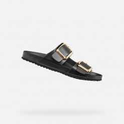 Sandały damskie Geox Brionia. Czarne sandały Geox, bez wzorów, bez obcasa, bez zapięcia. Za 379.50 zł.