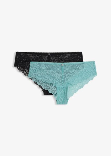 Figi brazylijskie z delikatnej koronki (2 pary). Zielone figi bonprix, bez wzorów, z koronki. Za 69.99 zł.