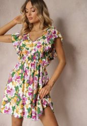 Zielono-Różowa Taliowana Bawełniana Sukienka w Kwiaty z Falbanami przy Ramionach z Gumką w Talii Nelova. Zielone sukienki Renee, na imprezę, l, bez wzorów, z bawełny, eleganckie, bez kołnierzyka, bez ramiączek, mini. Za 49.99 zł.