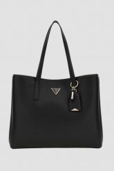 GUESS Czarna shopperka damska Meridian. Czarne shopper Guess, z aplikacjami, ze skóry ekologicznej, bez dodatków. W wyprzedaży za 599.99 zł.