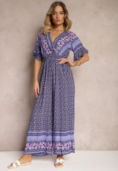 Granatowy Kopertowy Kombinezon Bawełniany z Cienkimi Gumeczkami w Pasie Zapinany na Szyi Orithiama. Niebieskie sukienki Renee, na imprezę, na lato, l, bez wzorów, z bawełny, eleganckie, bez kołnierzyka, bez ramiączek, mini, dopasowane. Za 49.99 zł.