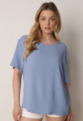 Niebieski Minimalistyczny T-shirt z Teksturowanej Tkaniny z Bawełną Shinost. Niebieskie t-shirty Born2be, plus size, bez wzorów, z bawełny, bez kołnierzyka, bez ramiączek. Za 59.99 zł.