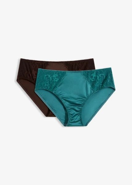 Figi maxi z efektem połysku (2 pary). Niebieskie figi bonprix, bez wzorów, z koronki. Za 79.99 zł.