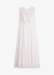 Suknia ślubna z koronką. Białe sukienki bonprix, na ślub cywilny, z aplikacjami, z koronki, eleganckie, bez kołnierzyka, bez ramiączek. Za 369.99 zł.