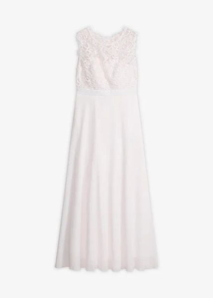 Suknia ślubna z koronką. Białe sukienki bonprix, na ślub cywilny, z aplikacjami, z koronki, eleganckie, bez kołnierzyka, bez ramiączek. Za 369.99 zł.