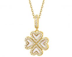 Naszyjnik z mosiądzu pozłacany z cyrkoniami i masą perłową - koniczyna. Białe naszyjniki Artelioni, z cyrkonią, pozłacane. Za 179.00 zł.