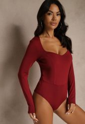 Bordowe Body z Wiskozą Ozdobione Kwadratowym Dekoltem Zalabrina. Czerwone body Renee, l, bez wzorów, z jeansu. Za 109.99 zł.