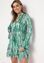 Zielona Sukienka Mini Ozdobiona Falbankami i Akwarelowym Wzorem Panava. Zielone sukienki Born2be, l, bez wzorów, bez kołnierzyka, bez ramiączek, mini, rozkloszowane. Za 139.99 zł.