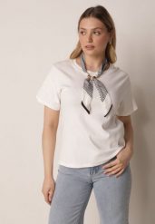 Biały T-shirt z Bawełny w Klasycznym Stylu z Apaszką Bluestel. Białe t-shirty Born2be, l, bez wzorów, z bawełny, bez kołnierzyka, bez ramiączek. Za 69.99 zł.