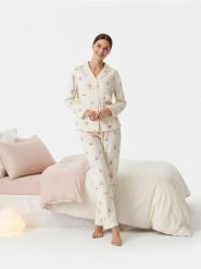 Piżama dwuczęściowa z motywem kokard - kremowy. Białe piżamy Sinsay, bez wzorów, bez ramiączek. Za 59.99 zł.