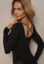 Czarna Bluzka z Wiskozą o Krótkim Kroju z Marszczeniem i Kwadratowym Dekoltem Cedissa. Czarne bluzki Renee, l, bez wzorów, z jeansu, eleganckie, bez kołnierzyka, bez ramiączek. W wyprzedaży za 59.49 zł.
