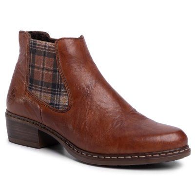 RIEKER Y0894-22 Brązowy. Brązowe botki Rieker, bez wzorów, ze skóry, bez obcasa, bez zapięcia. Za 279.99 zł.