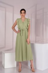 Elegancka Plisowana Sukienka z Kopertowym Dekoltem - Oliwkowa. Zielone sukienki Merribel, l, bez wzorów, z elastanu, eleganckie, bez kołnierzyka, bez ramiączek, kopertowe. Za 129.90 zł.