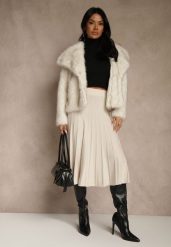 Beżowa Dzianinowa Spódnica Plisowana o Rozkloszowanym Kroju Tuswia. Brązowe spódnice Renee, na co dzień, l, z aplikacjami, z dzianiny, klasyczne, midi, proste. Za 69.99 zł.