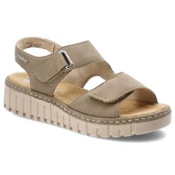 Sandały damskie Rieker, cholewka ze skóry ekologicznej z materiałowym wnętrzem zapinane na rzep, beżowe, V1382-64. Brązowe sandały Rieker, bez wzorów, z materiału, bez obcasa, bez zapięcia. Za 319.00 zł.