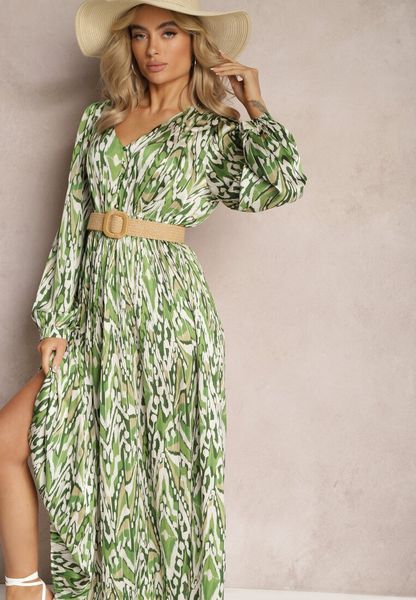 Zielona Rozkloszowana Sukienka Maxi z Gumką w Pasie Ozdobiona Abstrakcyjnym Wzorem Raliven. Zielone sukienki Renee, l, bez wzorów, bez kołnierzyka, bez ramiączek, maxi, rozkloszowane. Za 159.99 zł.