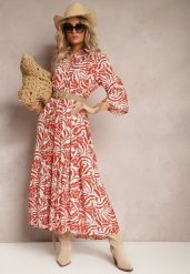 Pomarańczowo-Biała Sukienka Maxi z Falbanką z Guzikami i Orientalnym Wzorem Polka. Brązowe sukienki Renee, na lato, l, bez wzorów, eleganckie, bez kołnierzyka, bez ramiączek, maxi. Za 74.99 zł.