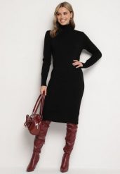 Czarna Sweterkowa Sukienka Golf Bawełną i Wełną Ilaniraeth. Czarne sukienki Born2be, na co dzień, s, z aplikacjami, z bawełny, eleganckie, bez kołnierzyka, bez ramiączek, midi, proste. Za 89.99 zł.