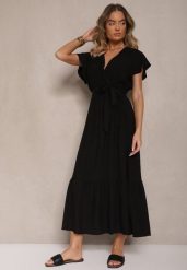 Czarna Kopertowa Sukienka z Wiskozy Ozdobiona Paskiem Savioneira. Czarne sukienki Renee, na co dzień, l, bez wzorów, z jeansu, eleganckie, bez kołnierzyka, bez ramiączek, maxi, kopertowe. Za 54.99 zł.