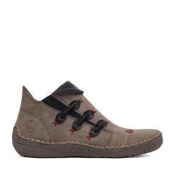 Botki Rieker. Szare botki Rieker, bez wzorów, bez obcasa, na płaskiej podeszwie, bez zapięcia. Za 349.99 zł.