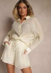 Jasnobeżowy Komplet z Tkaniny z Cyrkoniami Koszula i Szorty Jeniviela. Brązowe koszule Renee, l, bez wzorów, z tkaniny, eleganckie, bez kołnierzyka, bez ramiączek. Za 139.99 zł.