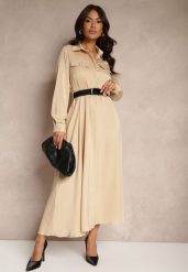 Beżowa Satynowa Sukienka w Stylu Szmizjerki z Imitacjami Kieszeni i Paskiem Vaminay. Brązowe sukienki Renee, l, bez wzorów, z satyny, eleganckie, bez kołnierzyka, bez ramiączek, maxi, kopertowe. Za 159.99 zł.
